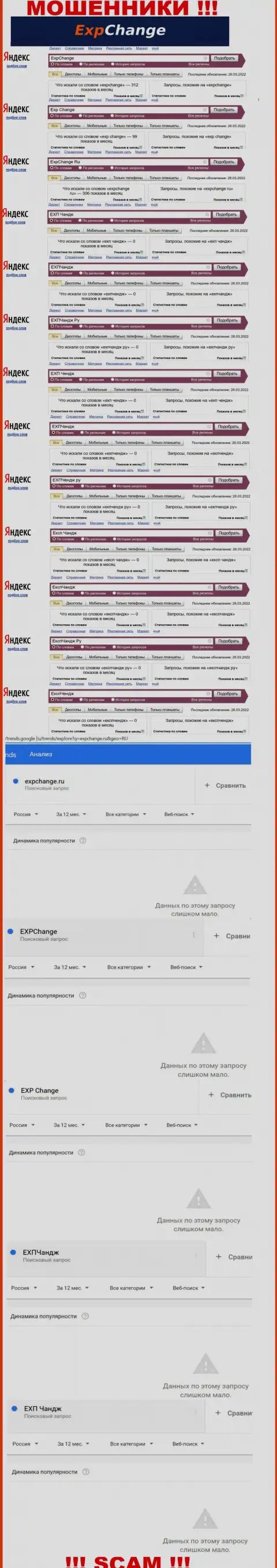 Количество поисковых запросов пользователями инета материала о мошенниках ExpChange Ru