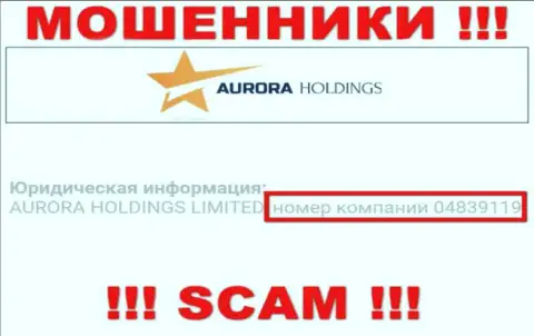 Регистрационный номер кидал Aurora Holdings, приведенный у их на официальном веб-сервисе: 04839119