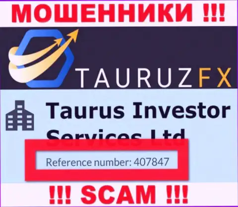 Регистрационный номер, принадлежащий преступно действующей компании Тауруз ФХ: 407847