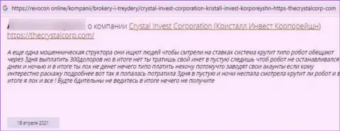 Высказывание доверчивого клиента, вложенные денежные средства которого осели в кошельке internet разводил CrystalInvest Corporation