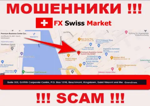 Организация FX-SwissMarket Com пишет на сайте, что расположены они в офшорной зоне, по адресу - Suite 305, Griffith Corporate Centre, P.O. Box 1510,Beachmont Kingstown, Saint Vincent and the Grenadines