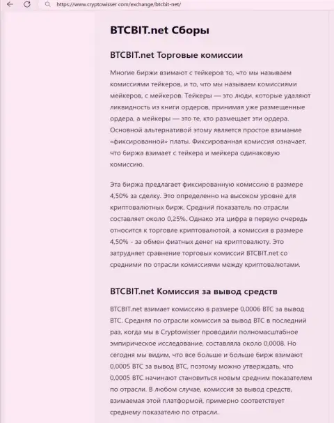 Материал с обзором комиссий обменного онлайн-пункта БТЦБИТ ОЮ, размещенная на сайте cryptowisser com