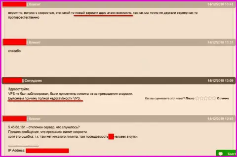Переписка с техподдержкой хостинговой компании, где размещался интернет-сайт ffin.xyz касательно ситуации с нарушением в работе web-сервера
