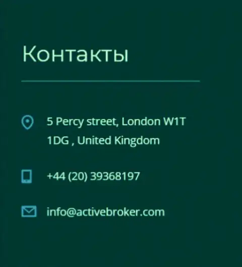 Адрес головного офиса forex дилинговой организации ActiveBroker, представленный на официальном интернет-сайте указанного Форекс брокера